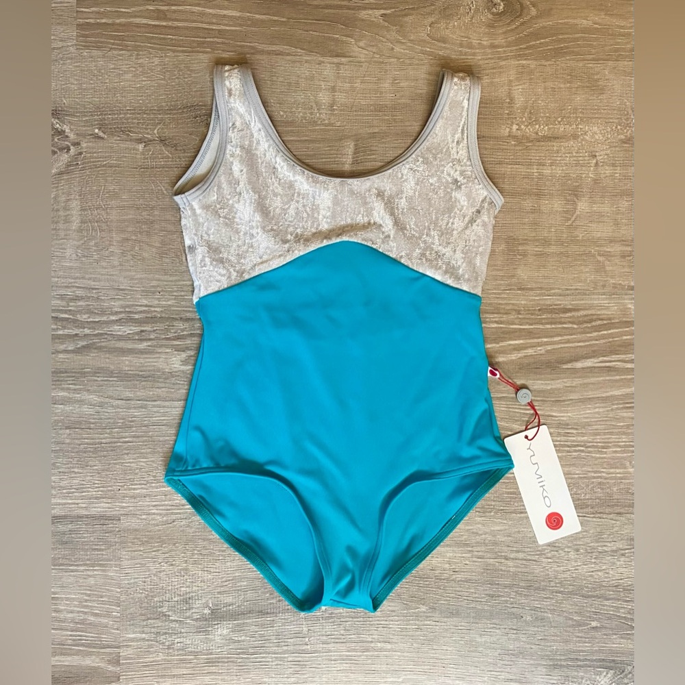 SOLD!!! Yumiko Leotard - Silver velvet and Cyan (Discontinued!) Anna Duo, Size S